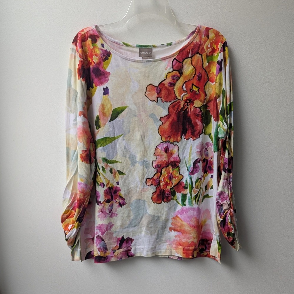 Chico's Floral Top Colorful Beaded Sequin Embellished Sz 3 (XL) Artsy Botanical